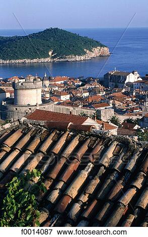 Dubrovnik, overview on the fortified city and Island View Large Photo Image Stock Photo - Dubrovnik, overview on the fortified city and Island. Fotosearch
