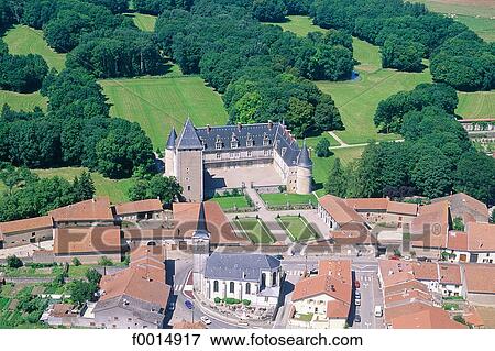 Stock Photo - France, Lorraine, Fleville castle, aerial. Fotosearch