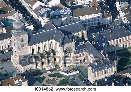Stock Image - France, Lorraine, Remiremont, gothic church, aerial. Fotosearch
