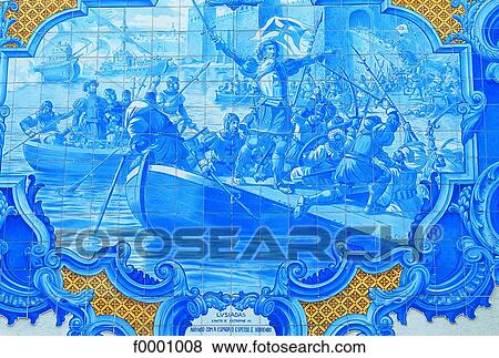 Stock Photo - Portugal, Ribatejo, azulejo, illustration of the Lusiads poem . Fotosearch