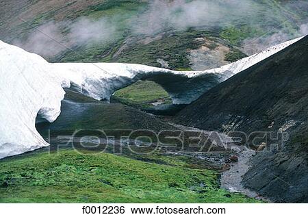 Stock Photograph - Iceland, Landmannalaugar, ice bridge upon Storihver hot springs. Fotosearch