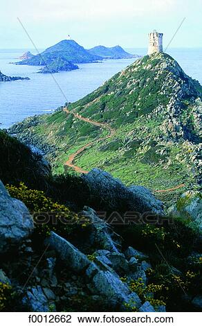 Stock Image - Corsica, Ajaccio, Sanguinaires islands and Genovese watch tower. Fotosearch