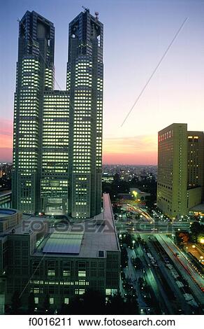 Stock Image - Japan, Tokyo, Shinjuku, city hall, Kenzo Tange arch.. Fotosearch
