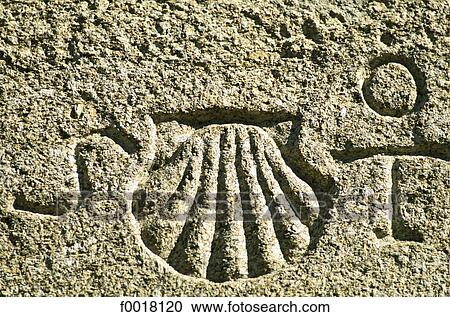 Stock Image - Spain, Galicia, Santiago de Compostela, catholic pilgrimage symbols. Fotosearch