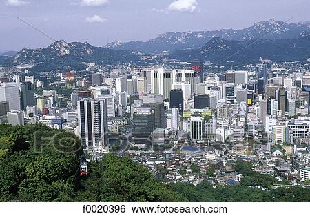 Stock Photograph - South Korea, Seoul, the city view from mount Namsan. Fotosearch