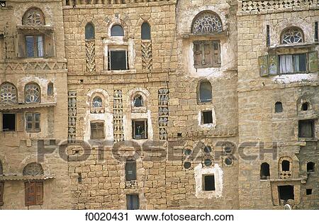 Stock Image - Yemen, Hababa, house built in adobe. Fotosearch