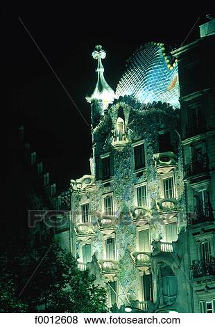 Spain, Barcelona, Casa Battlo illuminated View Large Photo Image Stock Photo - Spain, Barcelona, Casa Battlo illuminated. Fotosearch