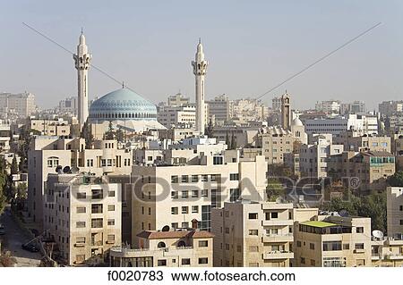 Stock Image - Jordan, Amman, overview of the city and Blue Mosque. Fotosearch