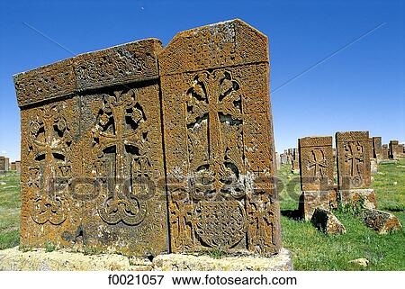 Stock Photo - Armenia, Noradouz, khachkars (carved stone). Fotosearch