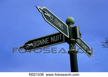 Stock Photograph - Channel Islands, Jersey, Bilingual signs. Fotosearch