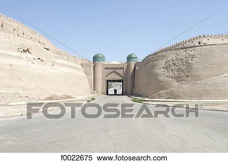 Stock Photography - Uzbekistan, Khiva, north gate and city walls built in adobe. Fotosearch