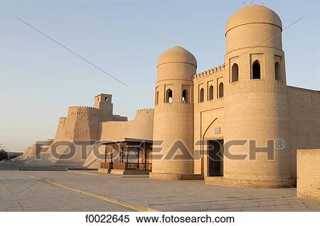 Stock Photography - Uzbekistan, Khiva, Ota Darvoza (west gate) and city walls. Fotosearch