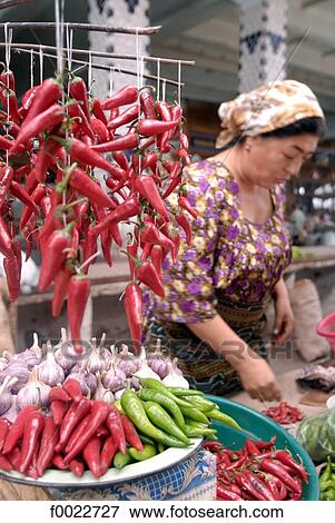 Stock Photo - Uzbekistan, Samarkand, great bazaar, peppers. Fotosearch