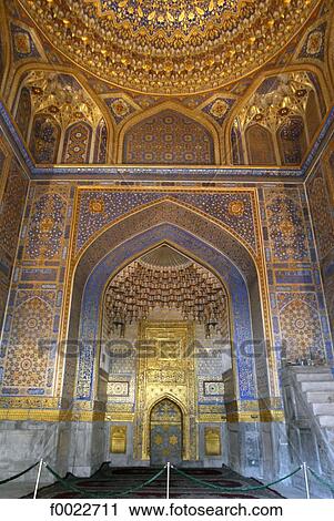 Stock Image - Uzbekistan, Samarkand, the Registan, inside the Ulugh Beg Madrasah. Fotosearch