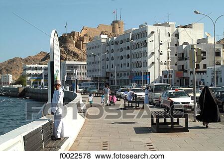 Oman, Muscat, Mutrah area, the corniche and the fort View Large Photo Image Stock Photo - Oman, Muscat, Mutrah area, the corniche and the fort. Fotosearch