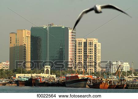 United Arab Emirates, Dubai, Creek Port, towers et dhows View Large Photo Image Picture - United Arab Emirates, Dubai, Creek Port, towers et dhows. Fotosearch