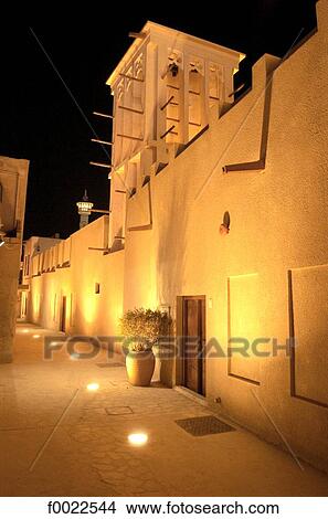 Picture - United Arab Emirates, Dubai, old Bastakiya district, wind tower by night. Fotosearch