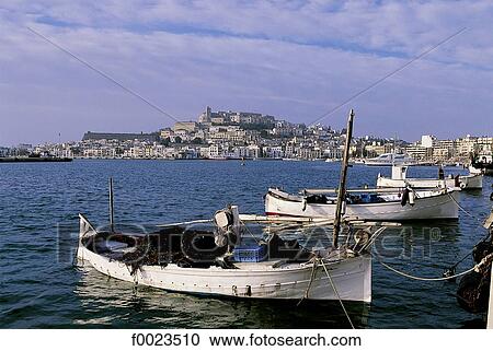 Stock Image - Spain, Balearic Islands, Ibiza, boats and Dalt Vila. Fotosearch