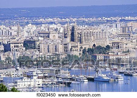 Spain, Balearic Islands, Majorca, Palma de Majorca, port and city general view View Large Photo Image Stock Image - Spain, Balearic Islands, Majorca, Palma de Majorca, port and city general view. Fotosearch