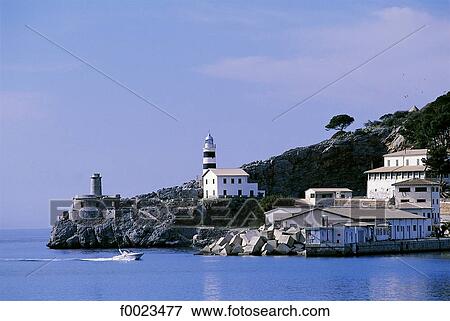 Spain, Balearic Islands, Majorca, Soller, lighthouse View Large Photo Image Stock Photo - Spain, Balearic Islands, Majorca, Soller, lighthouse. Fotosearch