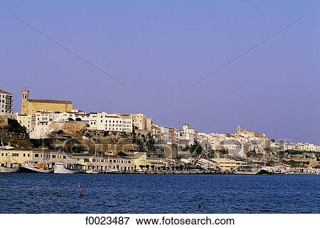 Stock Photo - Spain, Balearic Islands, Minorca, Mahon, city and St Mary's church. Fotosearch