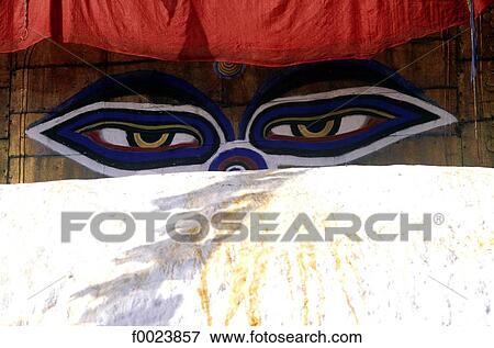 Stock Photo - Nepal, Swayambhunath, Buddha eyes painted on the stupa. Fotosearch