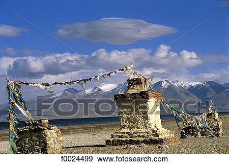 Stock Photo - China, Tibet, Chiu Gompa, chortens and Lake Mansarovar. Fotosearch