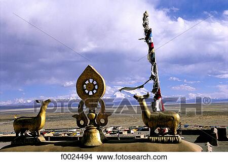 China, Tibet, Darchen Monastery, roof detail, sculptures depicting Dharma wheel and tibetan goats View Large Photo Image Picture - China, Tibet, Darchen Monastery, roof detail, sculptures depicting Dharma wheel and tibetan goats. Fotosearch
