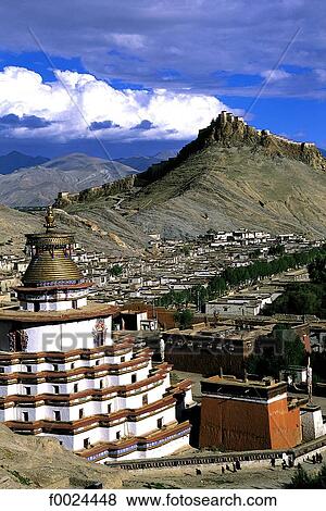 Stock Photo - China, Tibet, Gyantse, the Kumbum and the fortress. Fotosearch