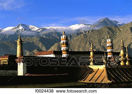 China, Tibet, Lhasa, Jokhang Monastery, view of roofs View Large Photo Image Stock Photo - China, Tibet, Lhasa, Jokhang Monastery, view of roofs. Fotosearch
