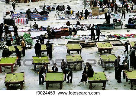 Stock Photo - China, Tibet, Shigatse, market, billiards. Fotosearch