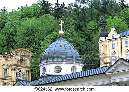 Stock Image - Czech Republic, Mariánské Lázne, dome of the Cross Spring Pavilion. Fotosearch