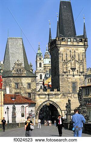 Stock Image - Czech Republic, Prague, Charles Bridge and Lesser Town Bridge Towers. Fotosearch