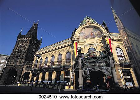 Stock Image - Czech Republic, Prague, Municipal House and Powder Tower. Fotosearch