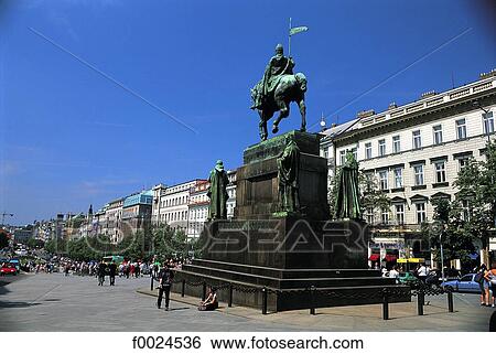 Stock Photograph - Czech Republic, Prague, Wenceslas Square, statue of Saint Wenceslas. Fotosearch