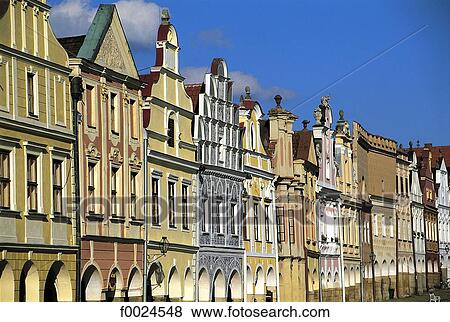 Czech Republic, Telc, facades of typical dwellings lining the main square View Large Photo Image Stock Photo - Czech Republic, Telc, facades of typical dwellings lining the main square. Fotosearch