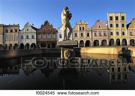 Stock Photography - Czech Republic, Telc, fountain and typical dwellings. Fotosearch