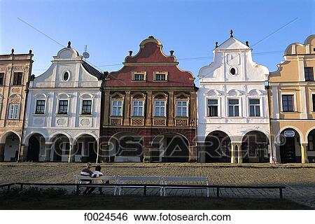 Czech Republic, Telc, typical dwellings lining the main square View Large Photo Image Stock Photograph - Czech Republic, Telc, typical dwellings lining the main square. Fotosearch