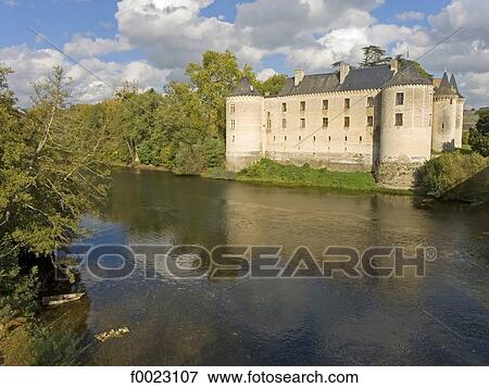 Stock Photo - France, Touraine, La Guerche, medieval castle along Creuse River. Fotosearch
