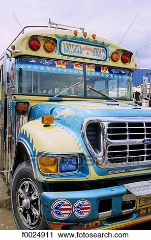 Guatemala, Antigua, painted bus View Large Photo Image Stock Image - Guatemala, Antigua, painted bus. Fotosearch