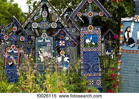 Stock Photography - Romania, Maramures, Sapanta, the "merry cemetery", carved graves. Fotosearch