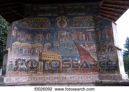 Stock Image - Romania, Moldavia, province of Bukovina, church of Voronet Monastery, fresco of the Last Judgement. Fotosearch