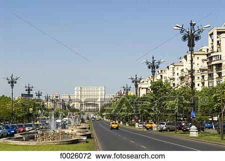 Stock Image - Romania, Muntenia, Bucharest, Unirii Boulevard, Palace of the Parliament. Fotosearch