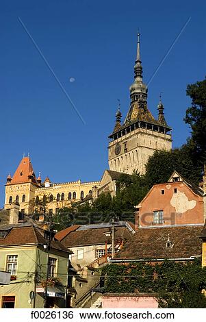 Stock Photograph - Romania, Transylvania, Sighisoara, Clock Tower. Fotosearch
