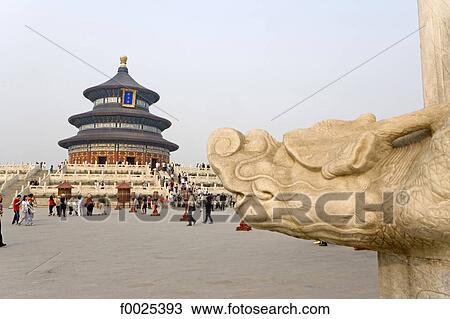 Stock Image - China, Beijing, Temple of Heaven, Hall of prayer for good harvests, head of dragon. Fotosearch