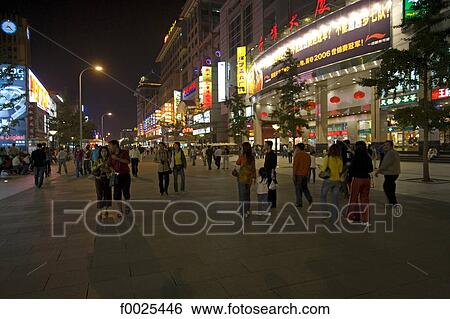 Stock Photograph - China, Beijing, Wang Fu Jing street by night. Fotosearch