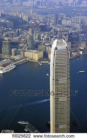 Stock Image - China, Hong Kong, aerial view of Kowloon, Two IFC tower in the foreground. Fotosearch