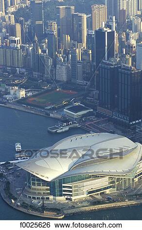 China, Hong Kong, aerial view of Central District and Convention and Exhibition Centre View Large Photo Image Stock Photograph - China, Hong Kong, aerial view of Central District and Convention and Exhibition Centre. Fotosearch