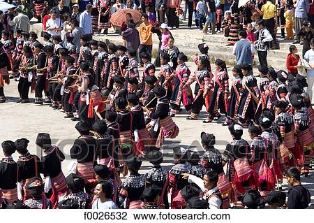Stock Image - China, Yunnan, Lancang, Lahu dancers. Fotosearch