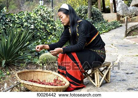 Stock Image - China, Yunnan, near Kunming, Yunnan Nationalities Village, young Va woman. Fotosearch